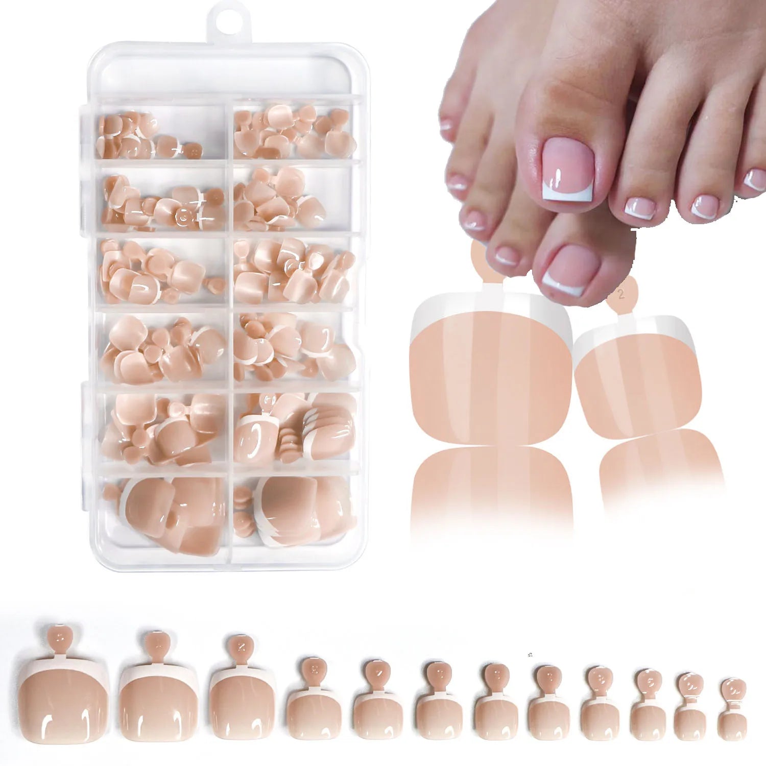 120Pcs Glossy Nude Pink French Press-On-Toenail Set 1*Box Short French Square  Fake Toe Nails Solid