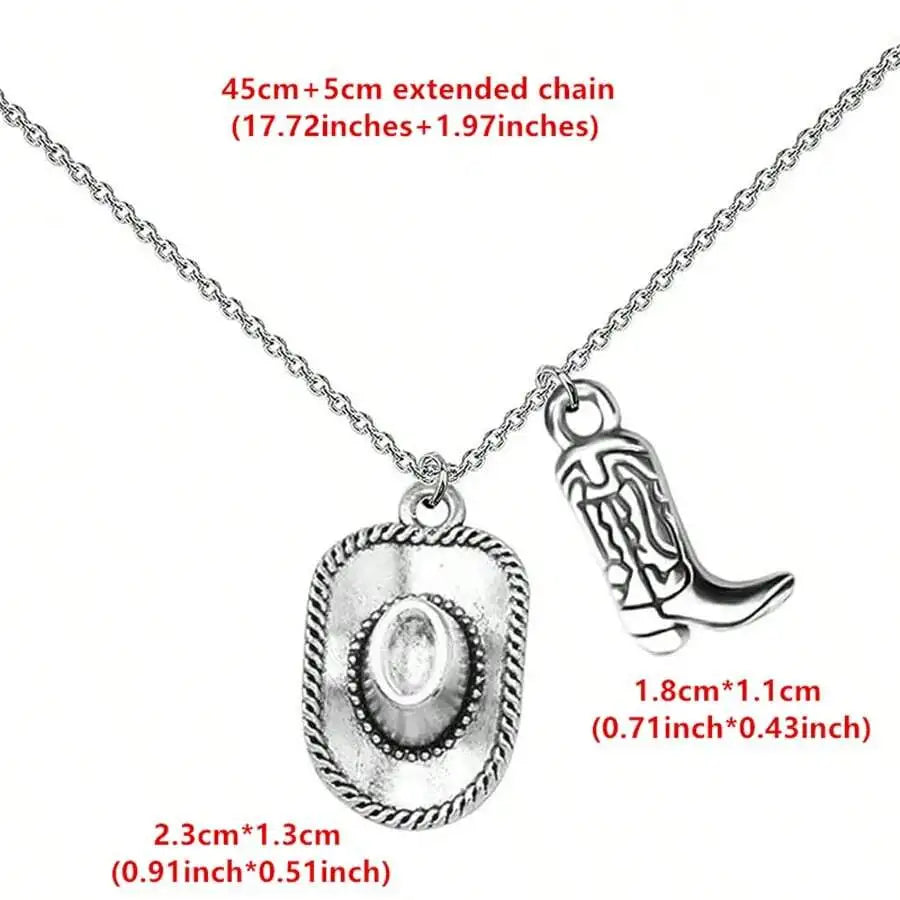Fashion Antique Silver Color Cowboy Hat Cowgirl Boots Pendant Necklace For Women
