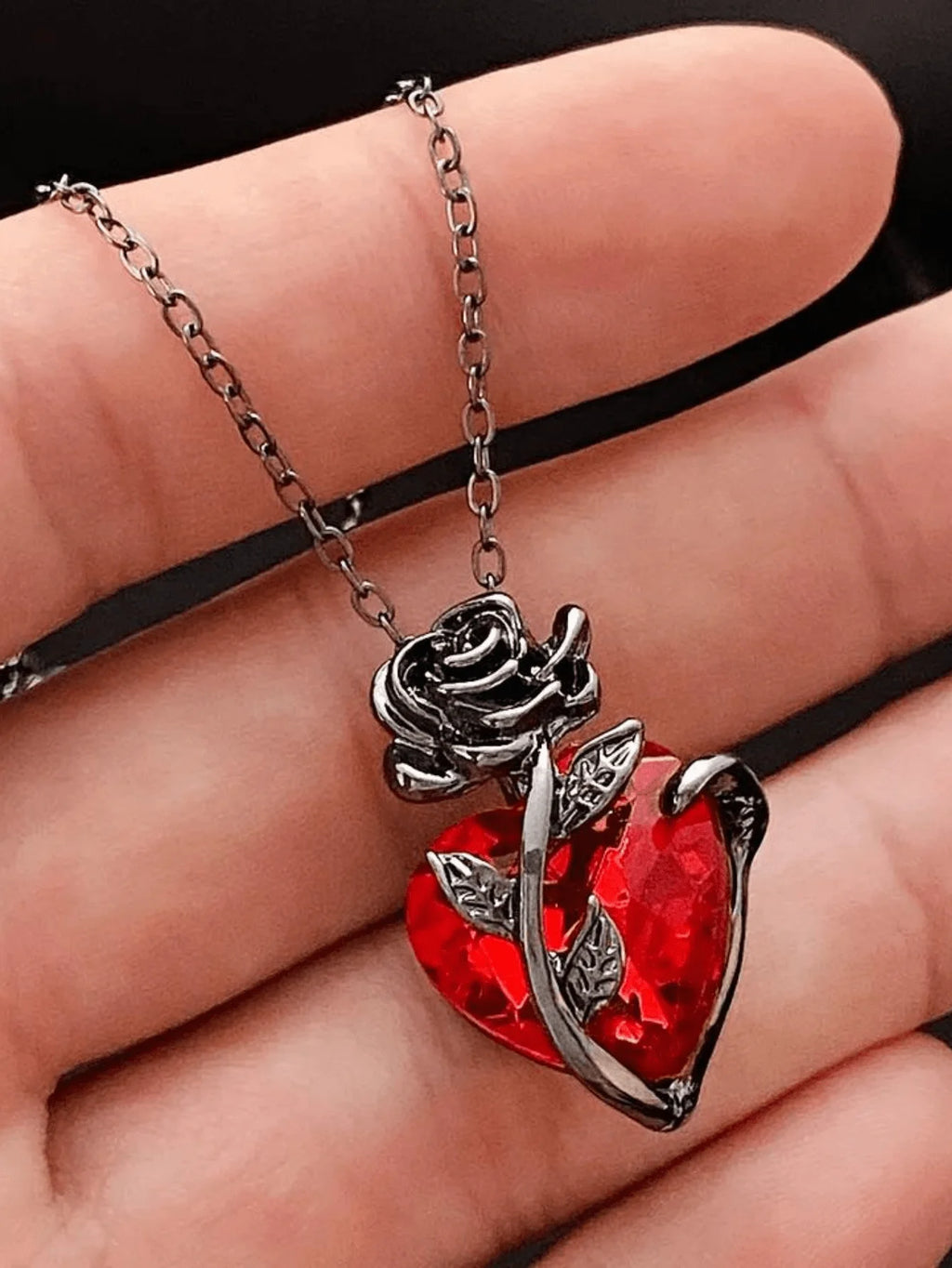 Gothic Heart Rose Pendant Necklace With Red Crystal For Women