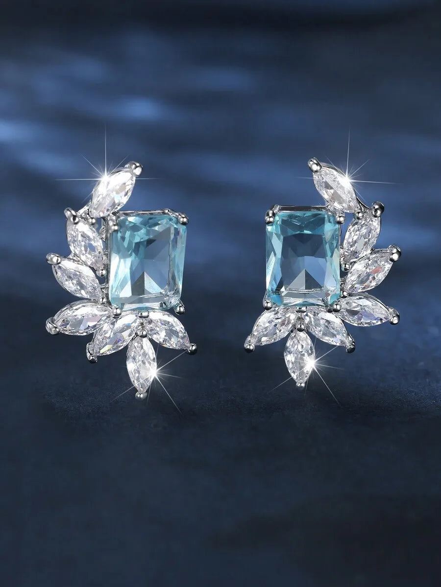 Sea Blue Rectangular Cubic Zirconia Leaf Design Elegant Earrings For Women