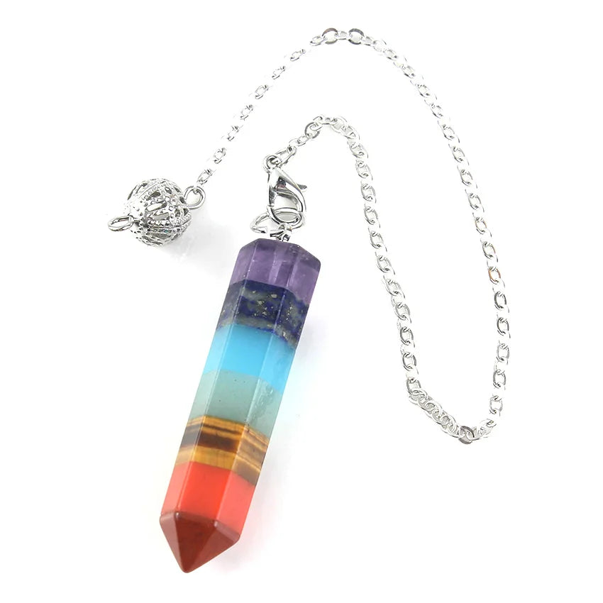 Natural Healing Crystal Quartz Hexagon Prism 7 Chakra Stone Layer Pendulum Pendant