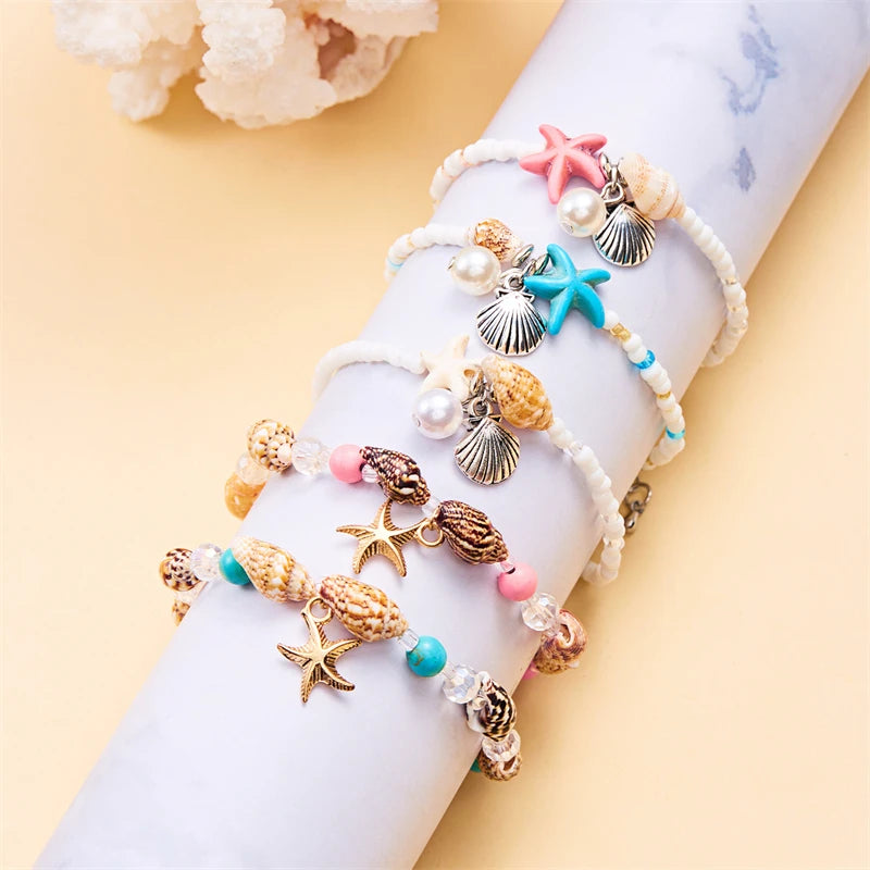 New Trend Starfish Conch Bracelet Anklets for Women Cute Adjustable Shell Rice Beads Ankle Bracelets