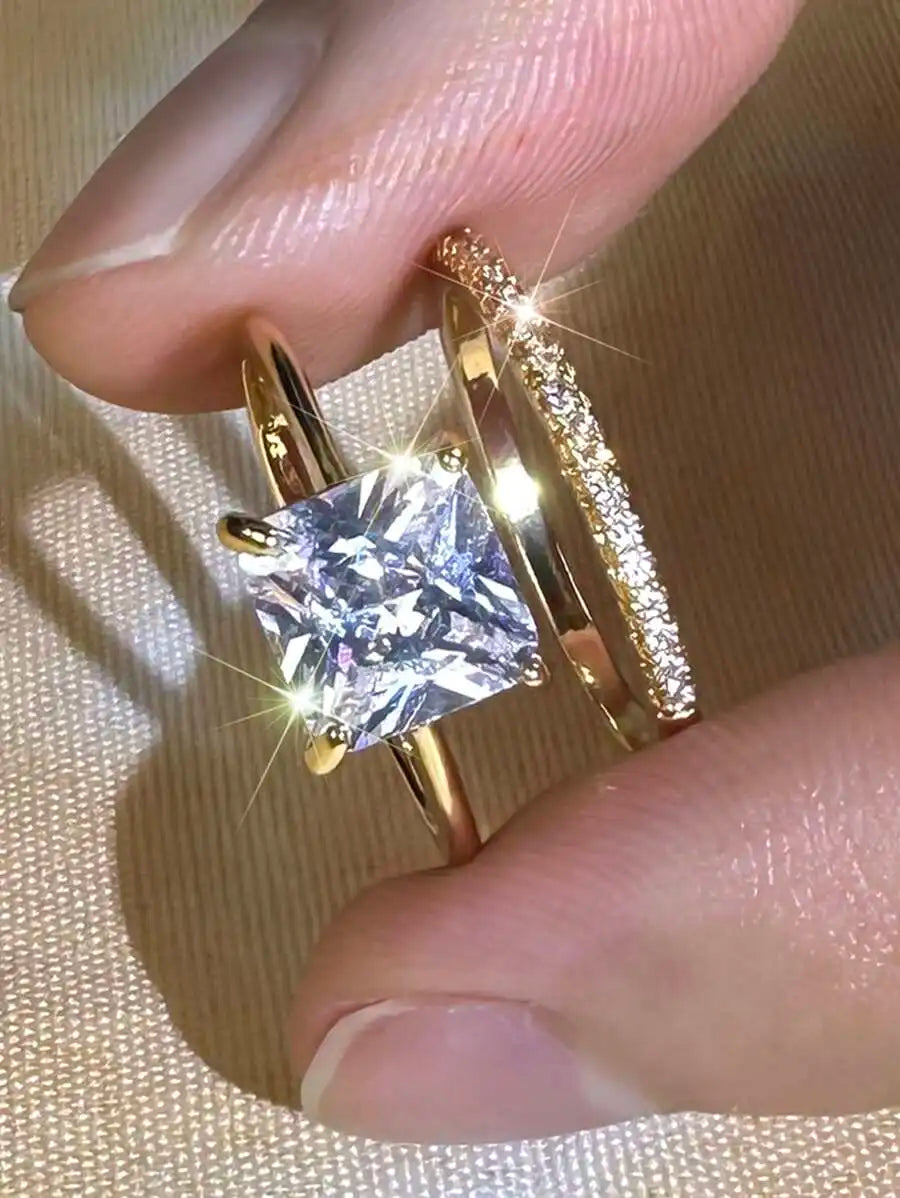 Fashion Square Cut White Zirconia Ring Set For Women