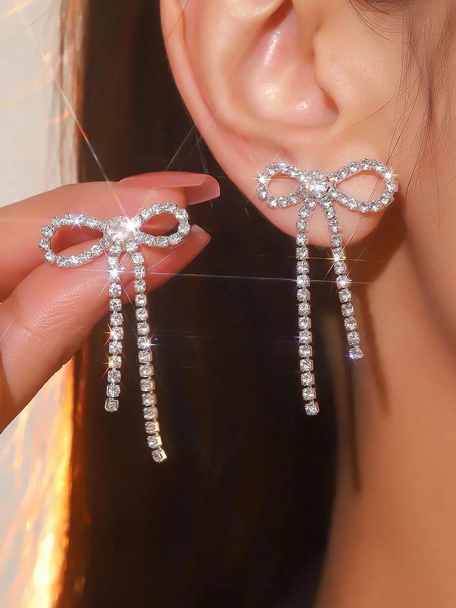Elegant Bow Tassel Drop Earrings With Pink Crystal For Women