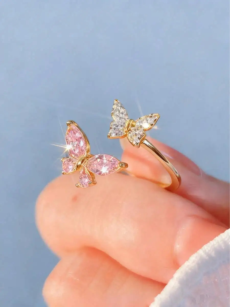 Butterfly Micro Inlaid Zirconia Adjustable Open Ring For Women