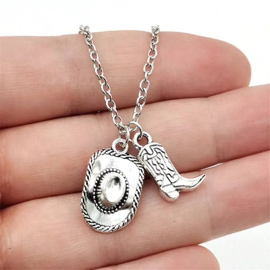 Fashion Antique Silver Color Cowboy Hat Cowgirl Boots Pendant Necklace For Women
