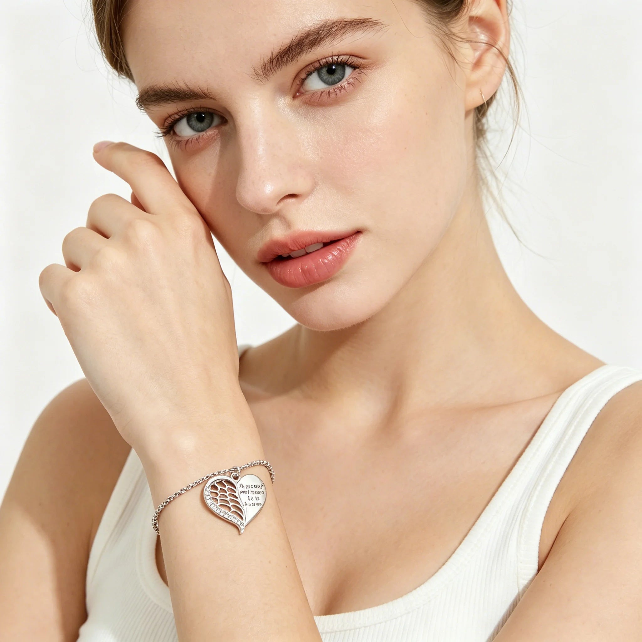 Smooth Polished Angel Heart Bracelet Half Wing Engraved Quote Charm Box Chain Adjustable Bracelet for Women