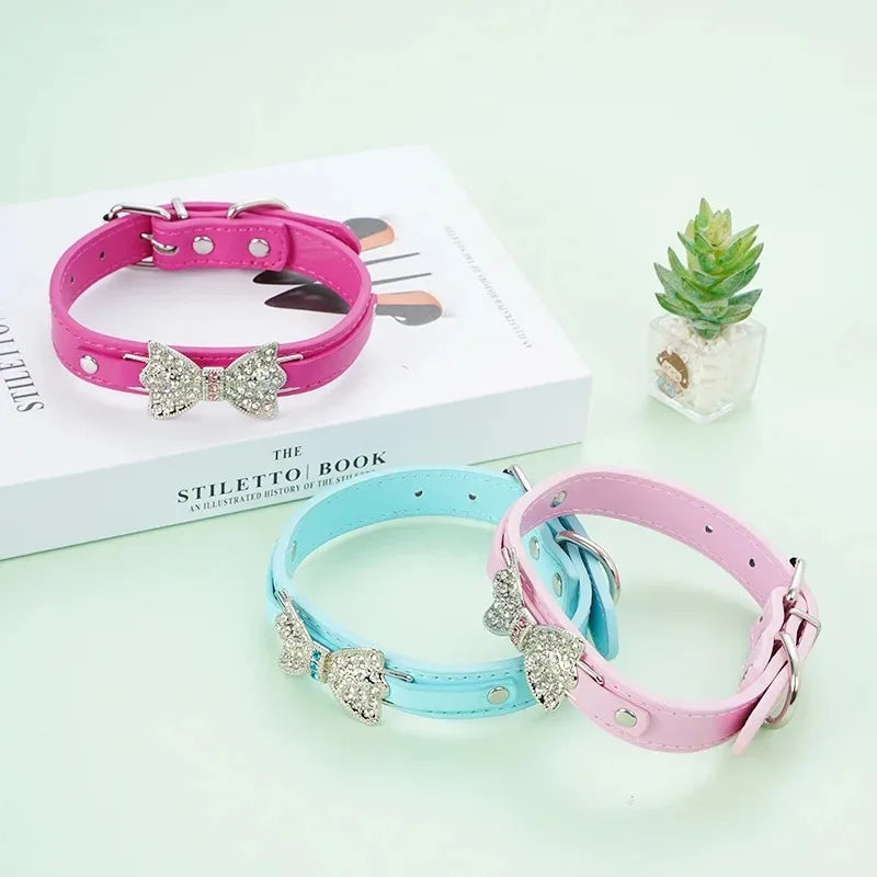 Cute PU Leather Dog Puppy Collar Bling Rhinestone Bowknot for Small Medium Larger Dog