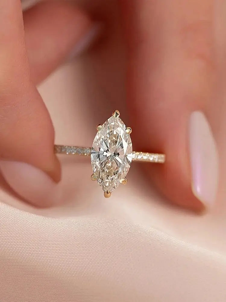 Beautiful 925 Sterling Silver Simple Classic Marquise Zircon Ring For Women