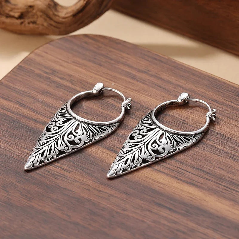 Vintage Silver Color Metal Hollow Carving Geometry Pattern Dangle Earrings for Women