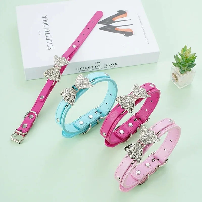 Cute PU Leather Dog Puppy Collar Bling Rhinestone Bowknot for Small Medium Larger Dog