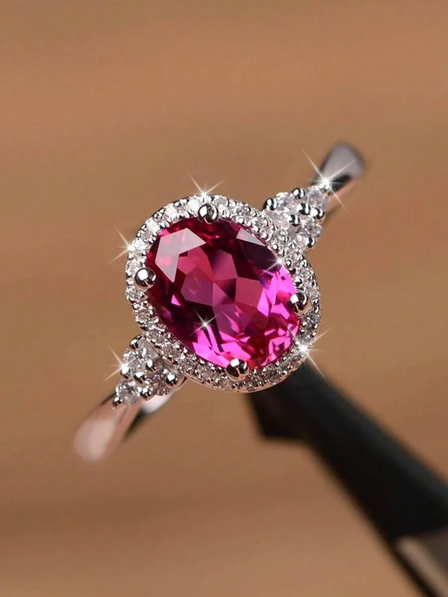 Fuchsia Cubic Zirconia Oval Ring With Pave Setting For Women