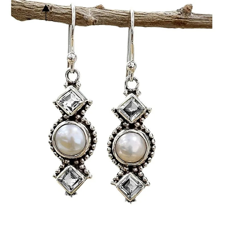 Vintage Thai Silver Pearl Earrings, Creative Square Zircon Olive Green Long Dangle Earrings