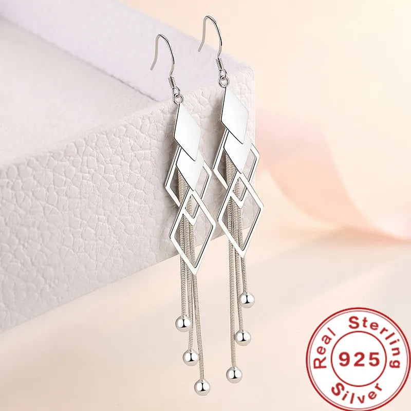 Fashion 925 Sterling Silver Long Earrings Diamond-Shaped