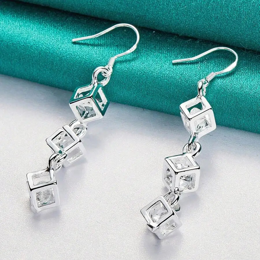 925 Sterling Silver Plated Earrings Fashion Jewelry Elegant Woman Crystal Lattice Drop Long Earrings