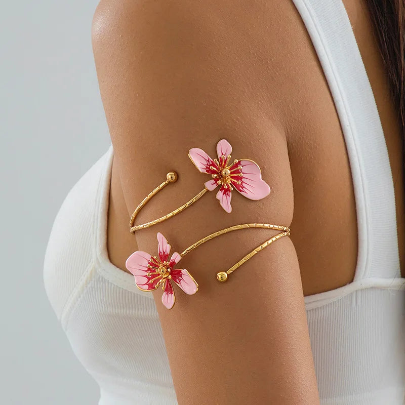 Elegant Sexy Flower Open Cuff Armlet for Women Vintage Enamel Glaze Craft Floral Adjustable Arm Bracelet