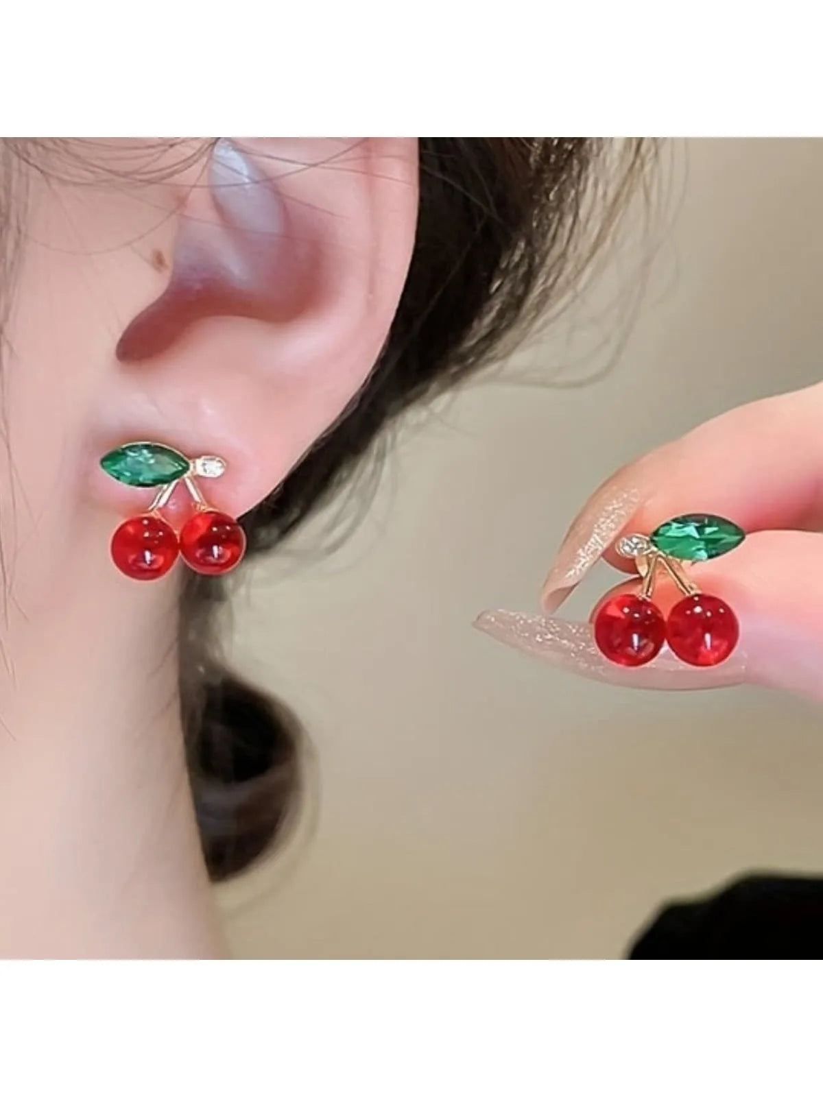 Cherry Design Stud Earrings For Women Red And Green Gemstone Fashion Jewelry