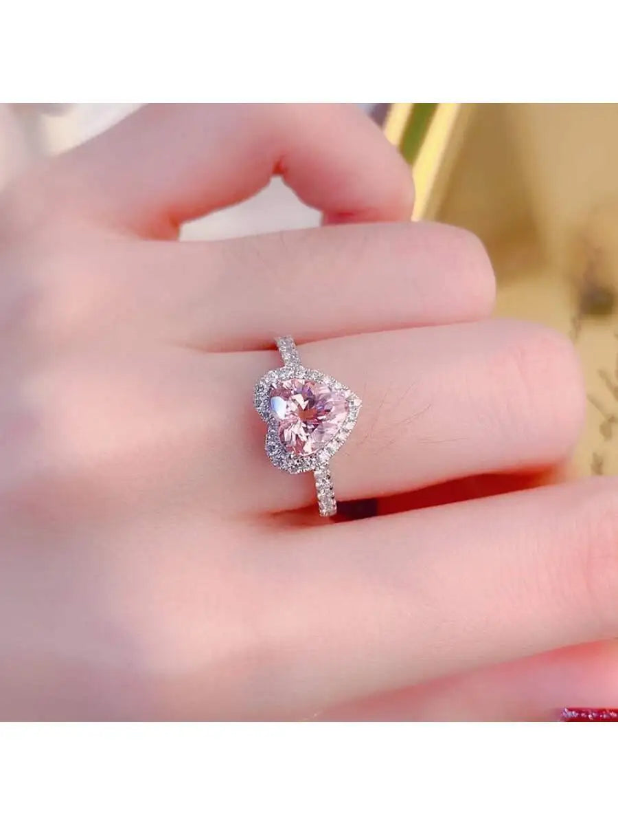 Heart Shape Pink Gemstone Pave Setting Fashion Ring For Women