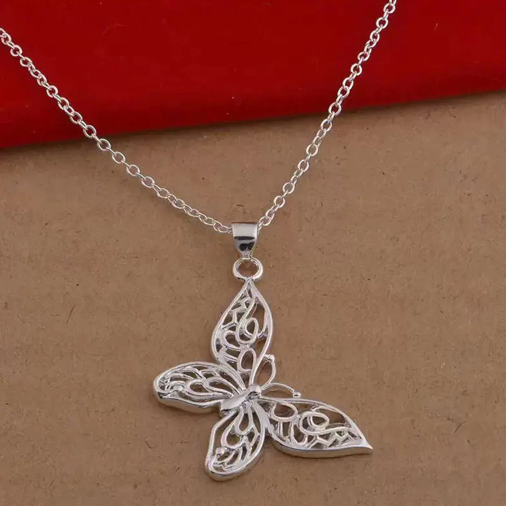 Elegant 925 Sterling Silver Butterfly Pendant Necklace Snake Chain For Women