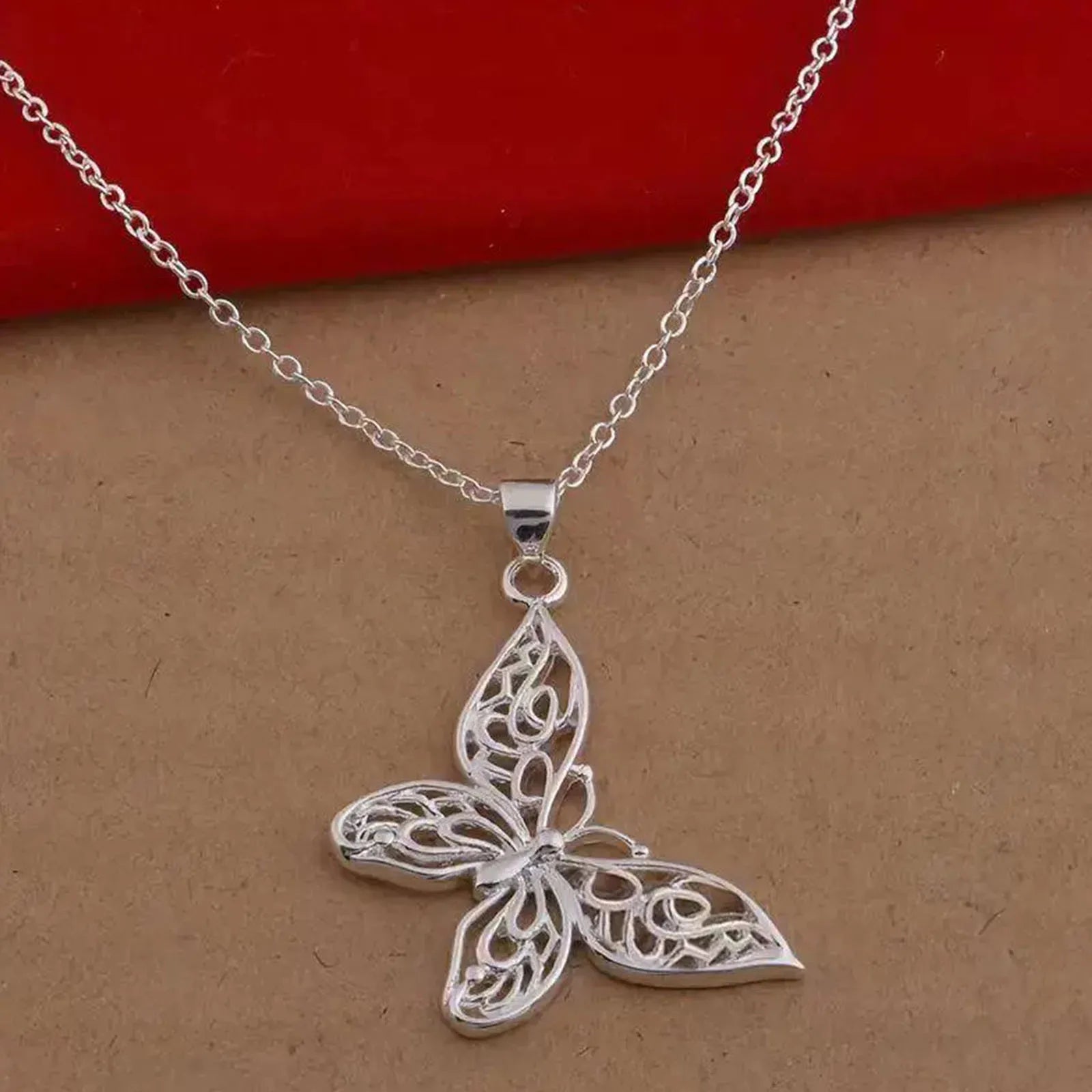 Elegant 925 Sterling Silver Butterfly Pendant Necklace Snake Chain For Women
