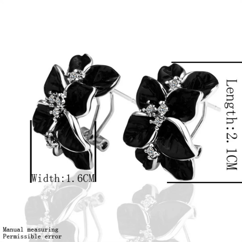 Real 925 Sterling Silver Black Vintage Enamel Flower Earrings CZ French Clip