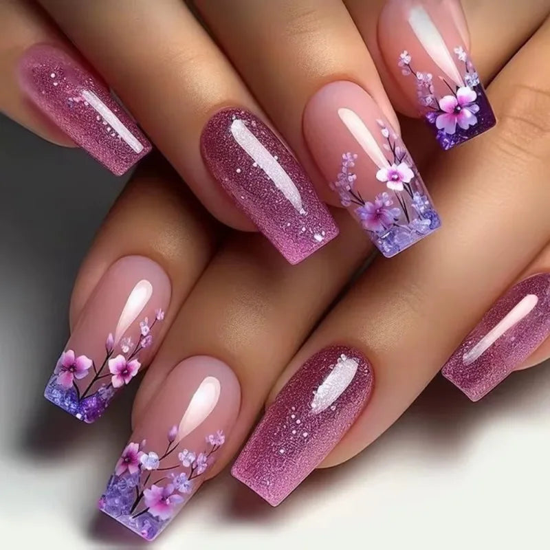 24pcs Press on Nails Flower Design Mid-length Ballet False Nail