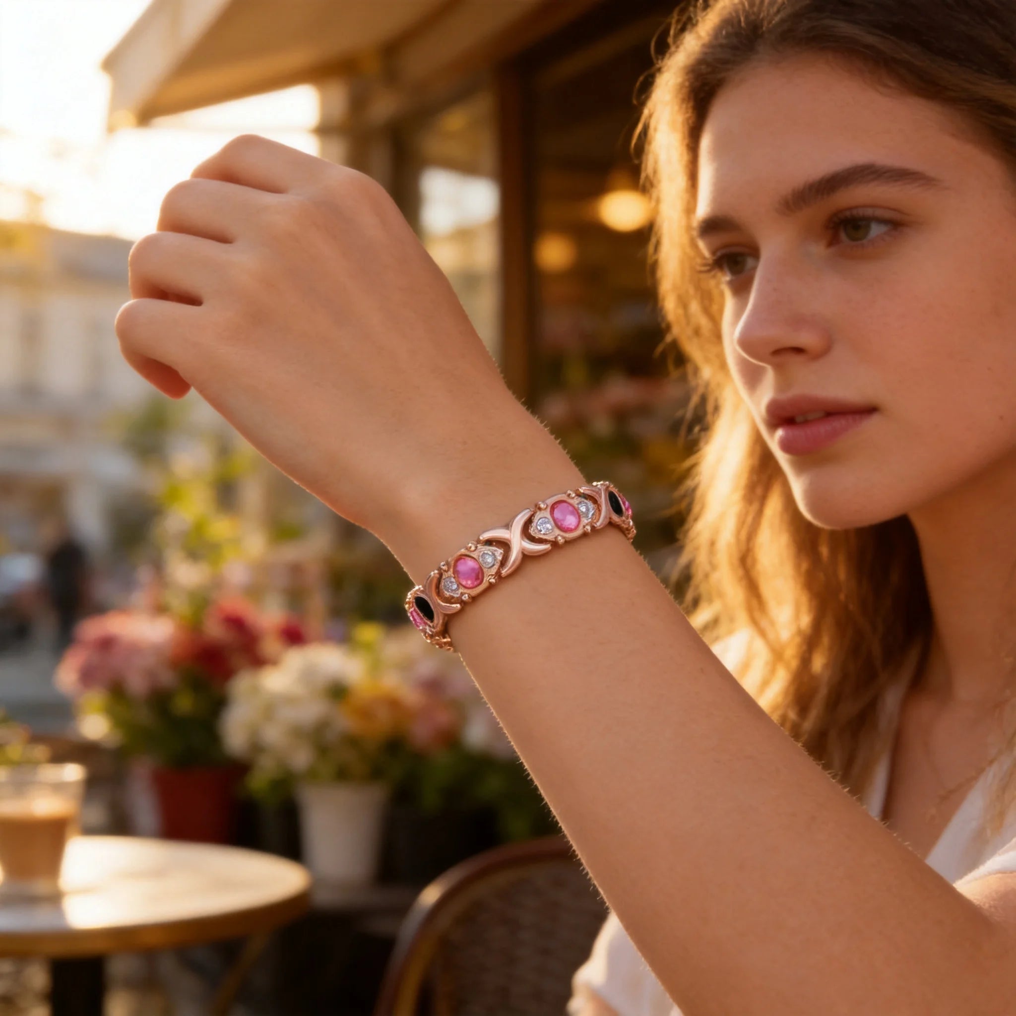 Rose Gold Magnetic Bracelet for Women, Pink Black Gemstone Crystal XO Link Health Bracelet