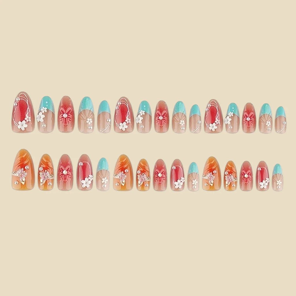 24Pcs fake nail art, 3D three-dimensional flower pearl gentle fake nail