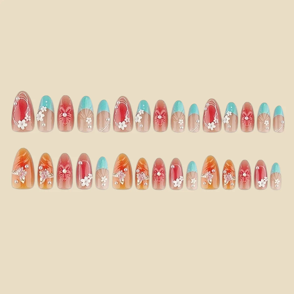 24Pcs fake nail art, 3D three-dimensional flower pearl gentle fake nail
