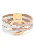 European style multi-layer PU leather and metal large circle magnetic bracelet for women