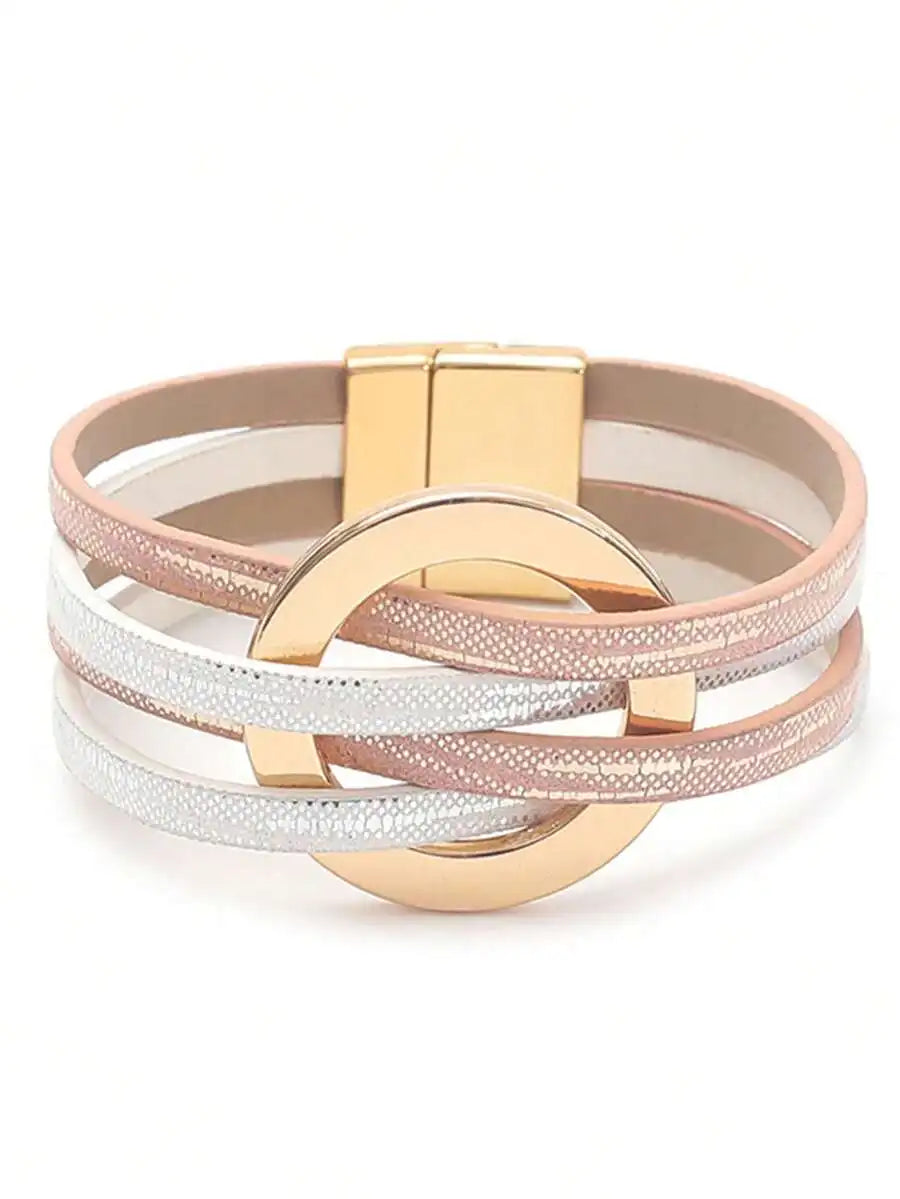 European style multi-layer PU leather and metal large circle magnetic bracelet for women