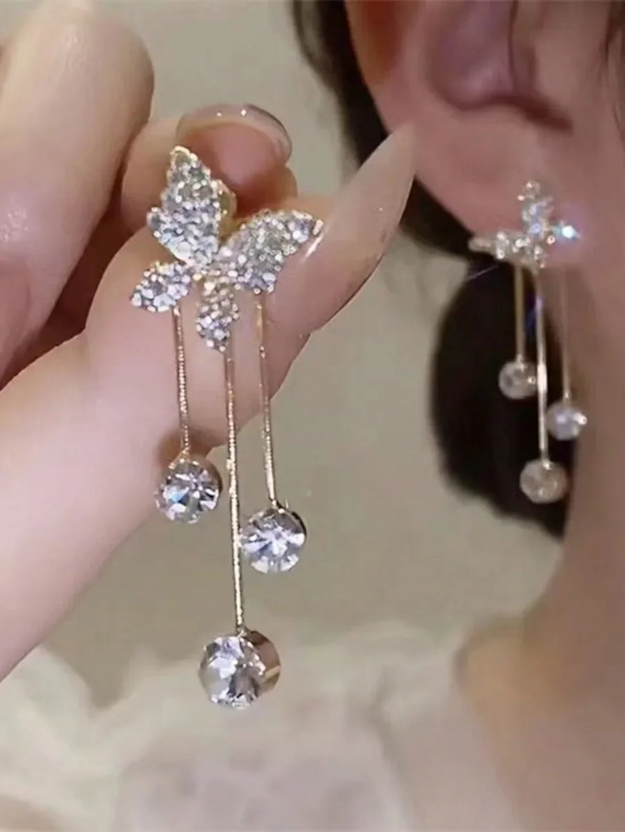 Sparkly Butterfly Drop Earrings With Crystal Tassels For Women
