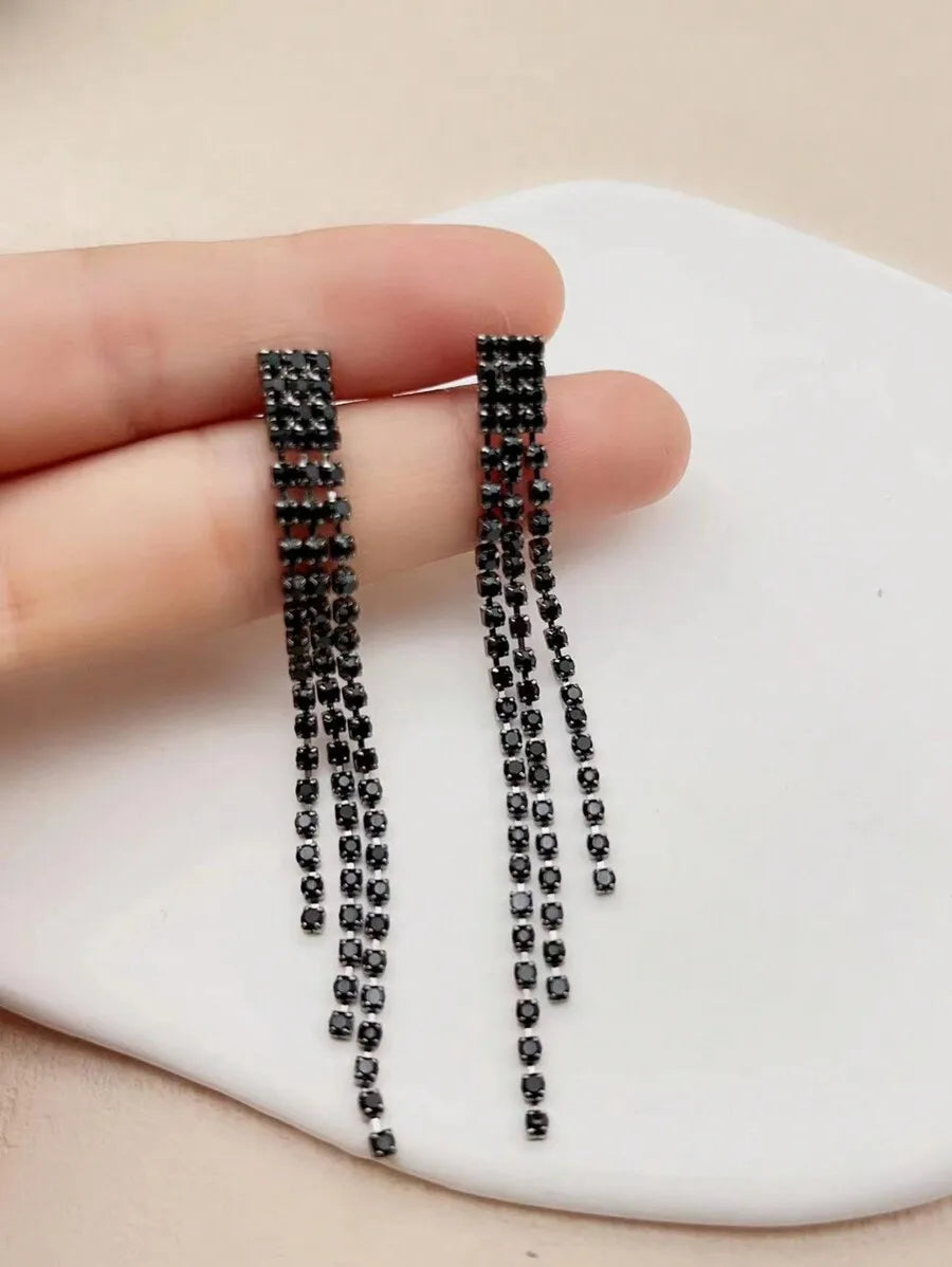 Womens Tassel Drop Earrings With White Zirconia, Mid-Length, Shiny Fashion Jewelry