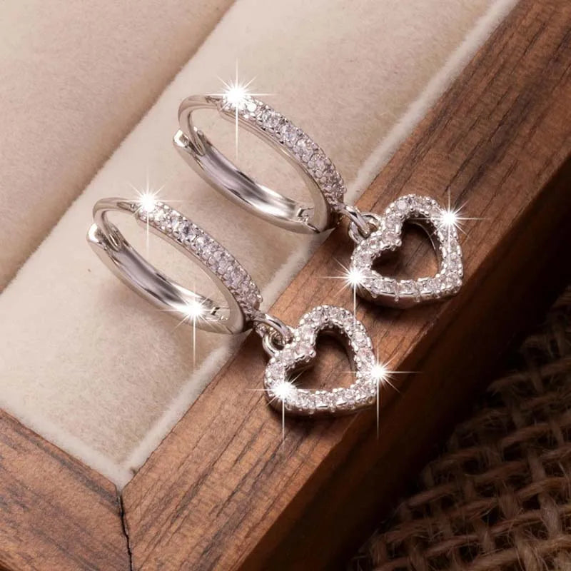 Luxury Crystal Zircon Heart Pendant Earrings For Women Fashion Gold Color Hollow Circle Geometric Ear Buckle Wedding Jewelry