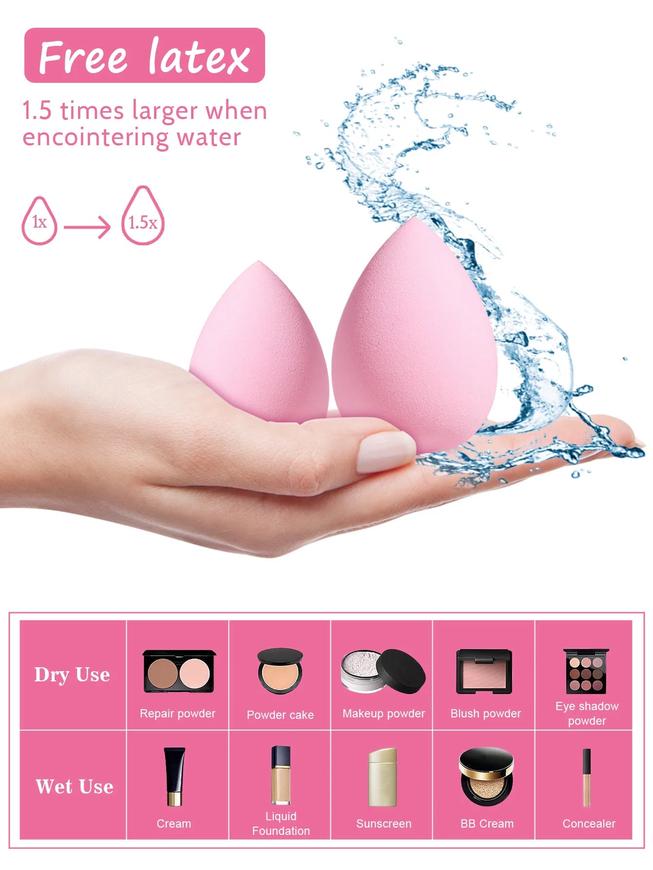 38PCS Makeup Tools: 15PCS Makeup brush set+1PC cosmetic bag+4PCS Makeup Tools+15PCS Makeup Sponges+3PCS Powder Puffs