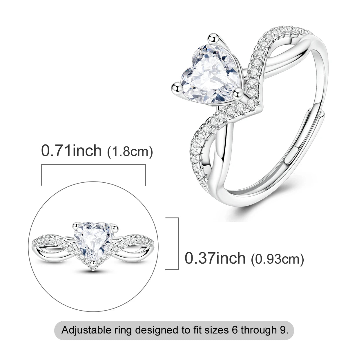 925 Sterling Silver Heart Zircon Sparkling Cubic Zirconia Open Adjustable Ring for Women