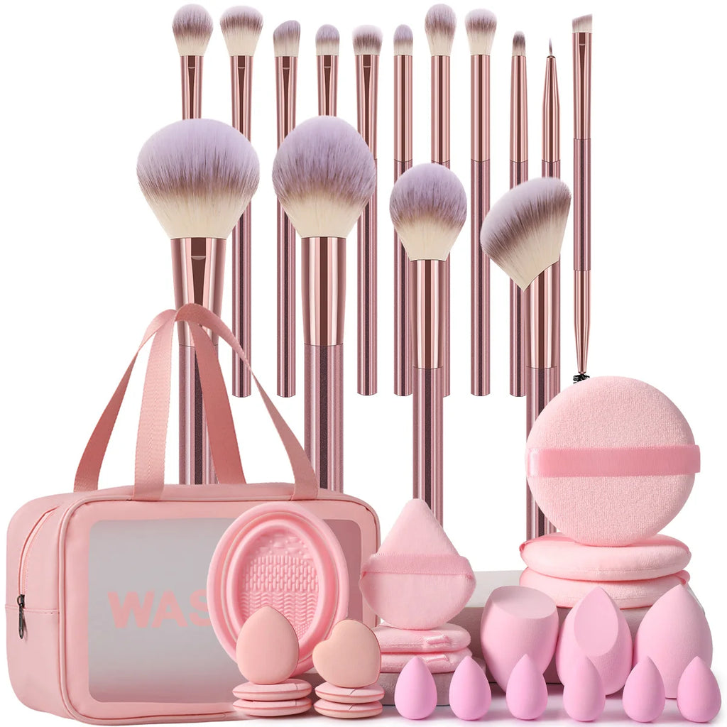 38PCS Makeup Tools: 15PCS Makeup brush set+1PC cosmetic bag+4PCS Makeup Tools+15PCS Makeup Sponges+3PCS Powder Puffs