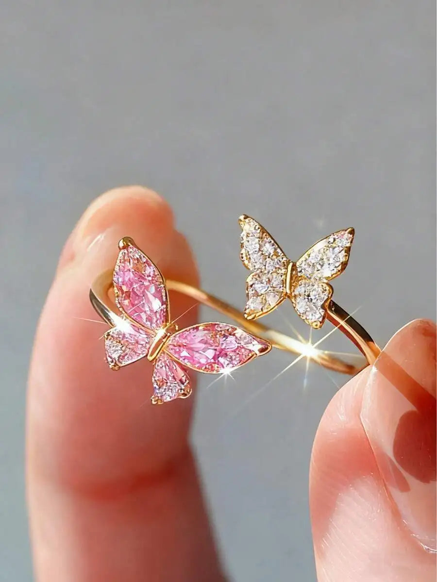 Butterfly Micro Inlaid Zirconia Adjustable Open Ring For Women