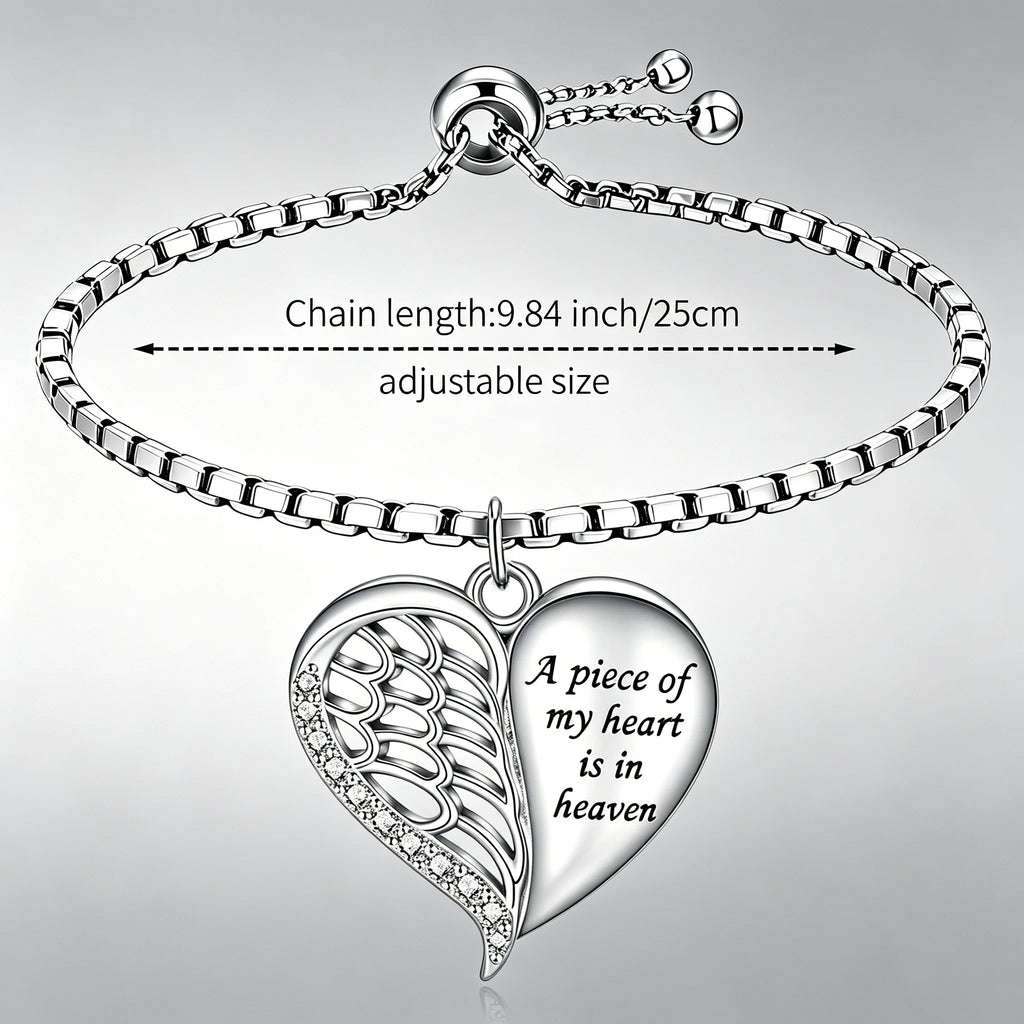 Smooth Polished Angel Heart Bracelet Half Wing Engraved Quote Charm Box Chain Adjustable Bracelet for Women
