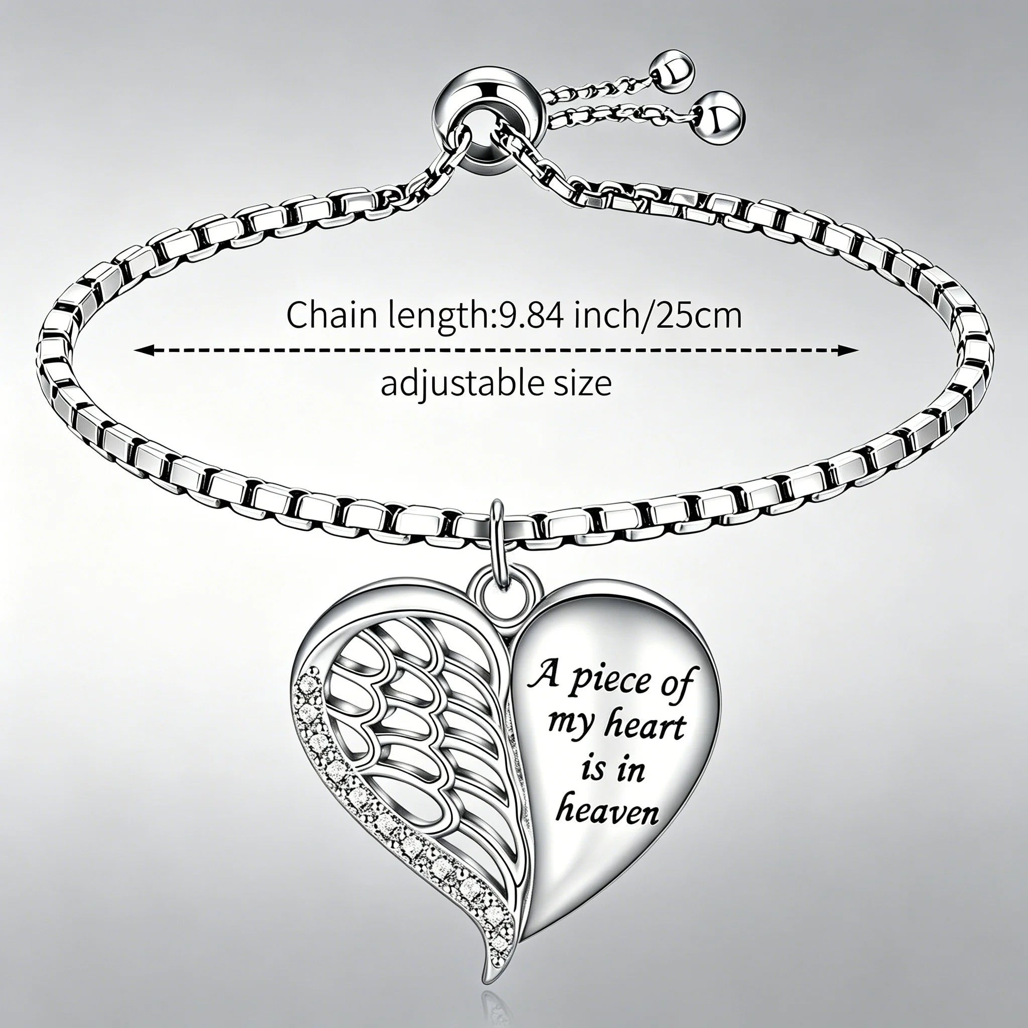 Smooth Polished Angel Heart Bracelet Half Wing Engraved Quote Charm Box Chain Adjustable Bracelet for Women