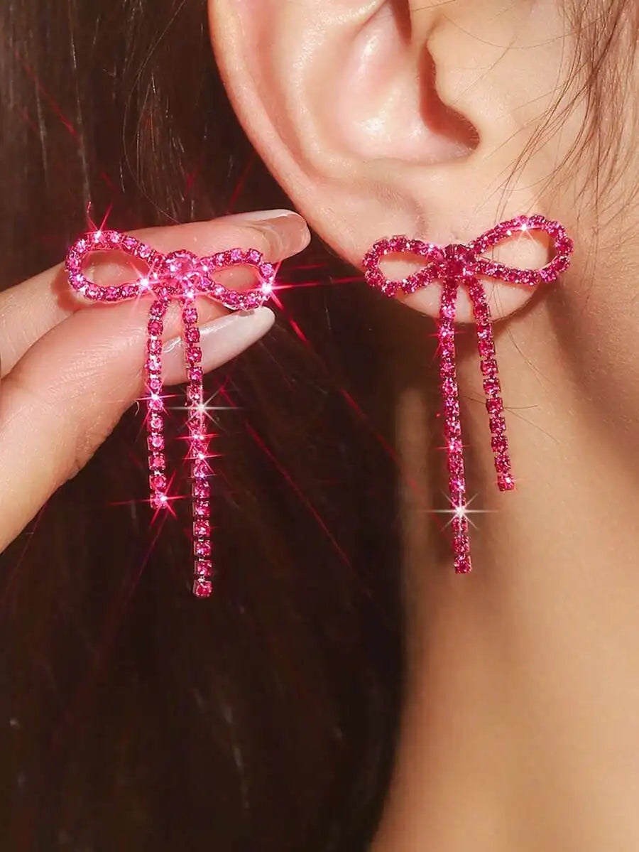 Elegant Bow Tassel Drop Earrings With Pink Crystal For Women
