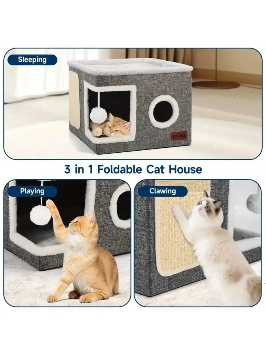 4-Season Multi-Level Cat House: Foldable Indoor Play Cube with 2-Layer Bed