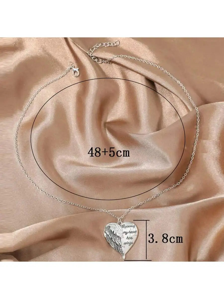 Angel Wing Heart Pendant Necklace With Engraved Slogan For Women