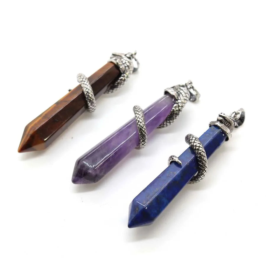 Snake Wrapped Crystal Hexagon Column Stone Pendulum Pendants