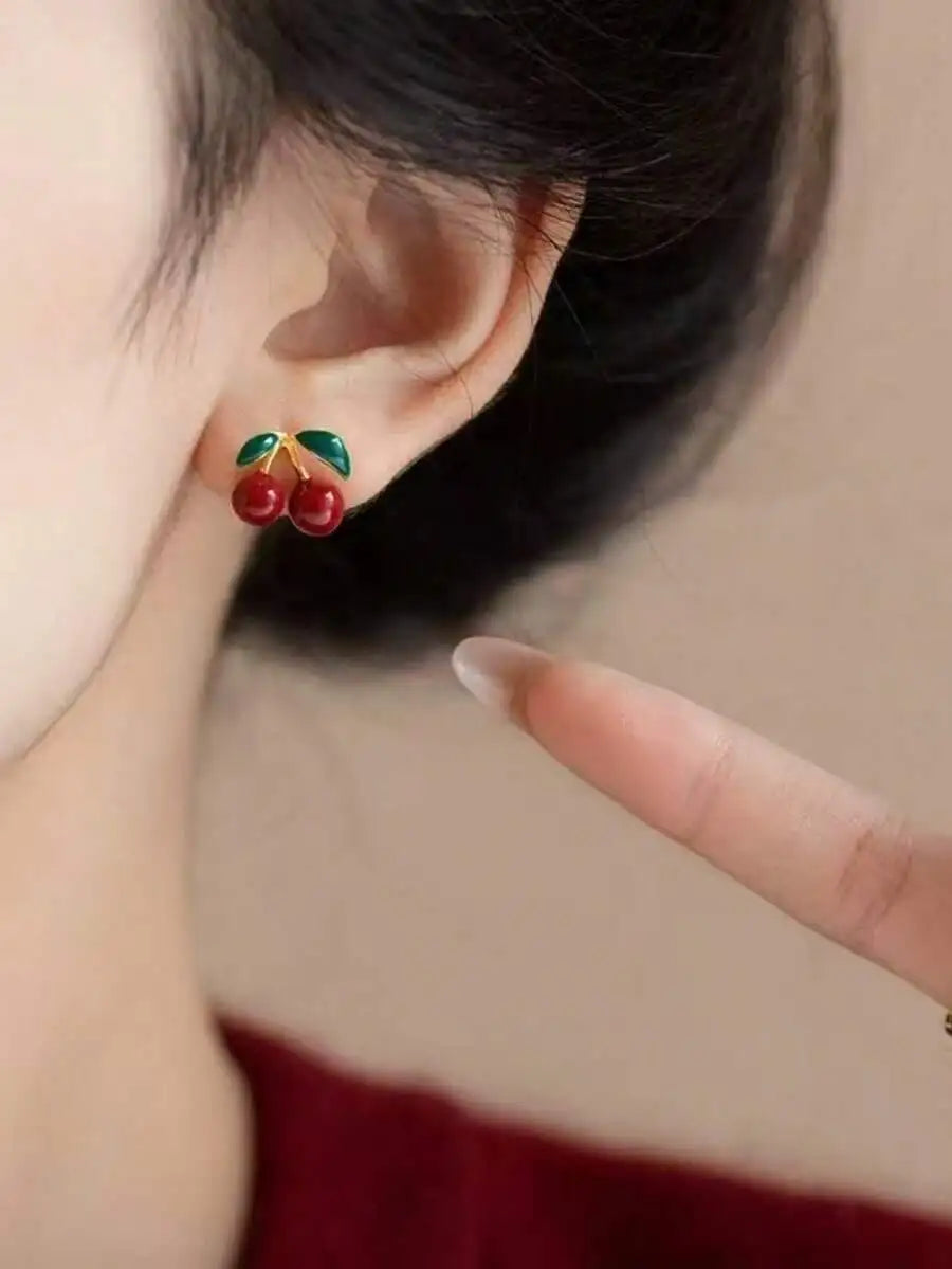 Cherry Design Stud Earrings For Women Red And Green Gemstone Fashion Jewelry