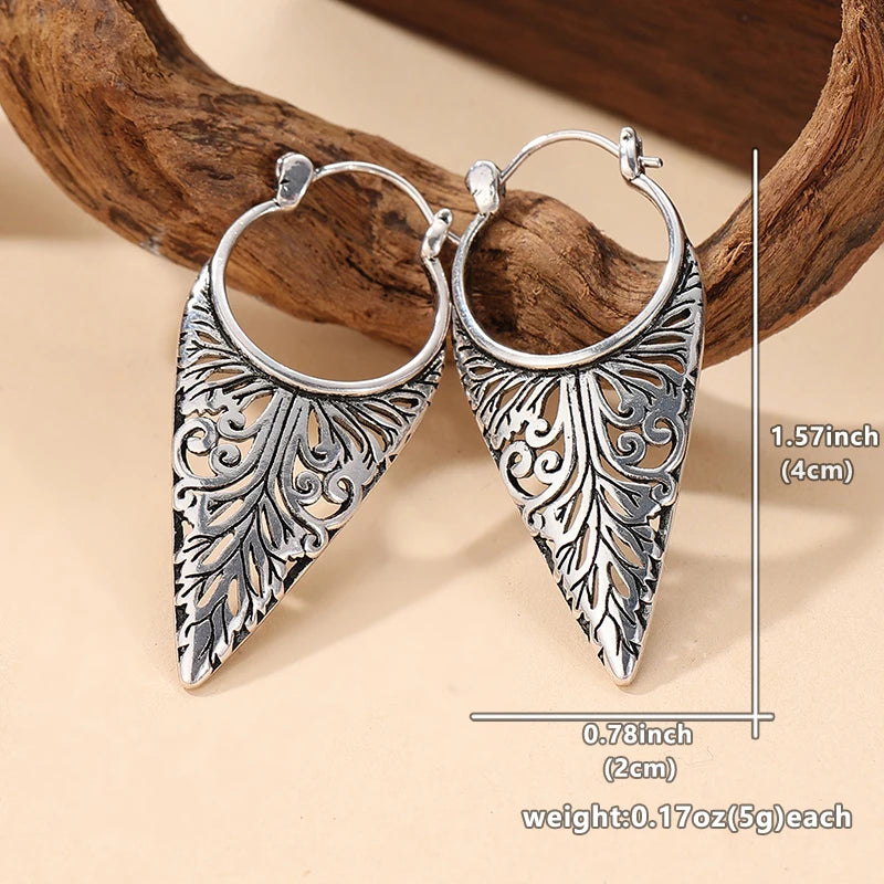 Vintage Silver Color Metal Hollow Carving Geometry Pattern Dangle Earrings for Women