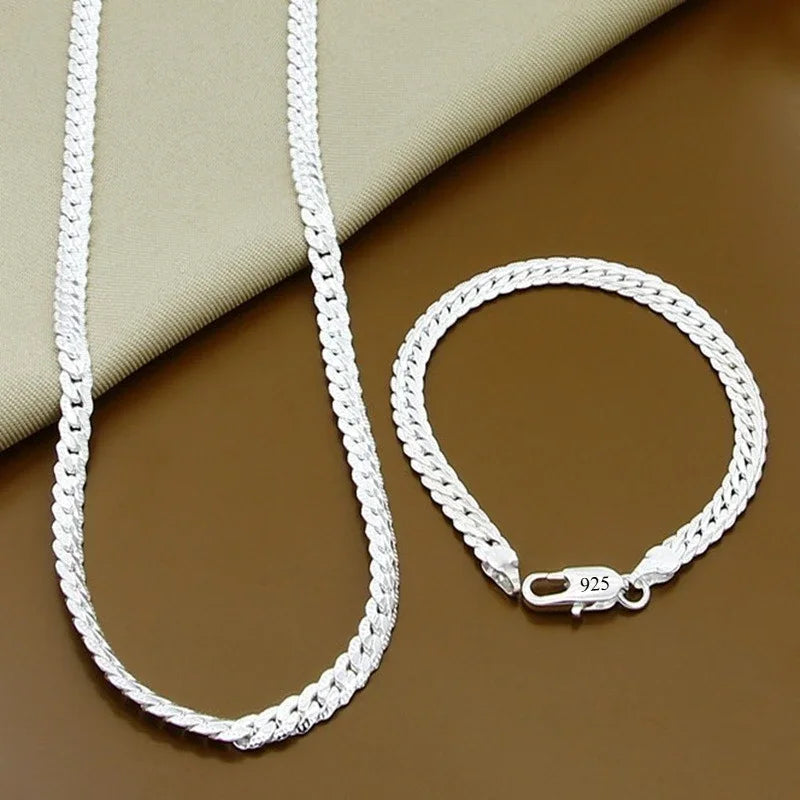 Fine Brands 5MM Flat Chain 925 Sterling Silver Bracelets Necklaces Jewelry Sets