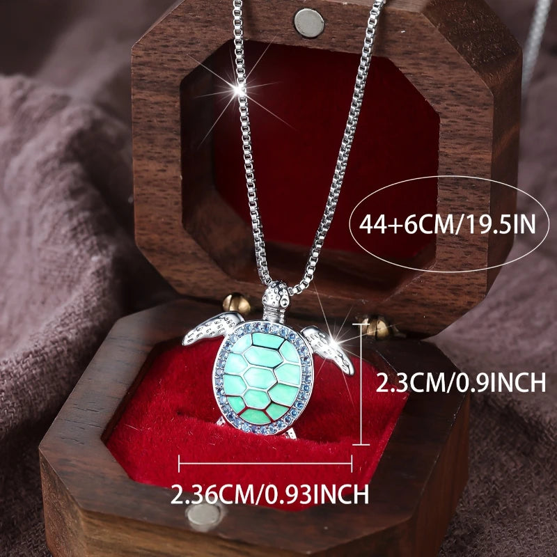 Bohemian Style Inlaid Green Synthetic Zirconia Turtle Pendant Necklace for Women