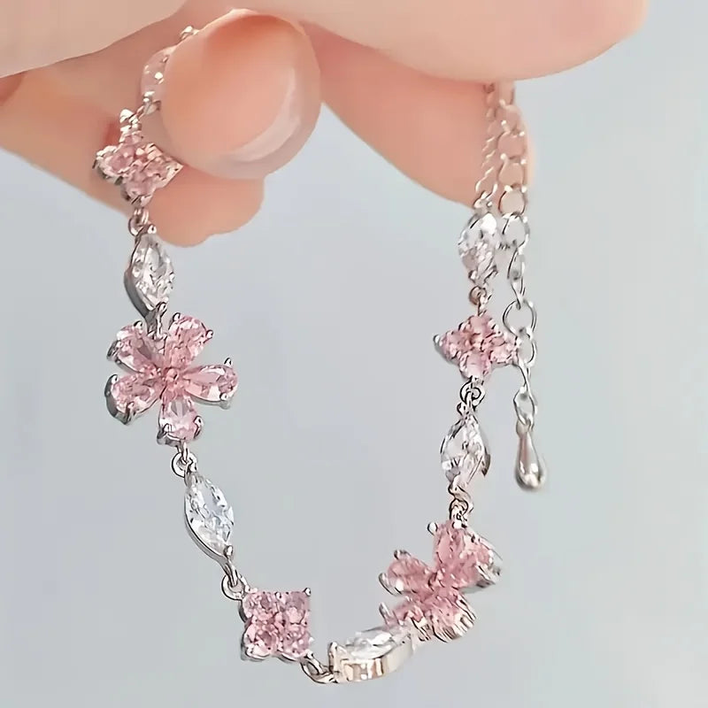 Ladies Pink Cherry Blossom Chain Bracelet, Stylish and Cute Exquisite Square Petal Cherry Blossom Bracelet Adjustable