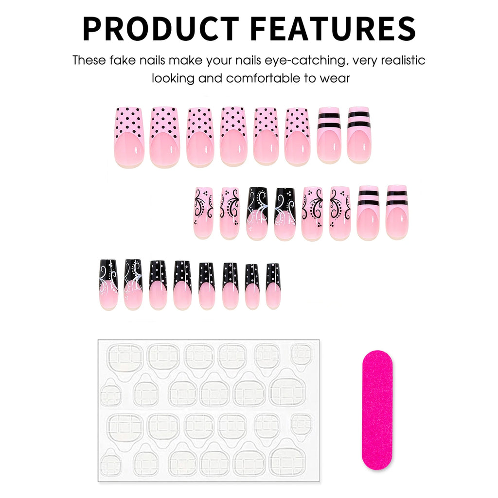 24PCS French Press on Nails Sweet Punk Vine Striped Pink Black French Nail Tip